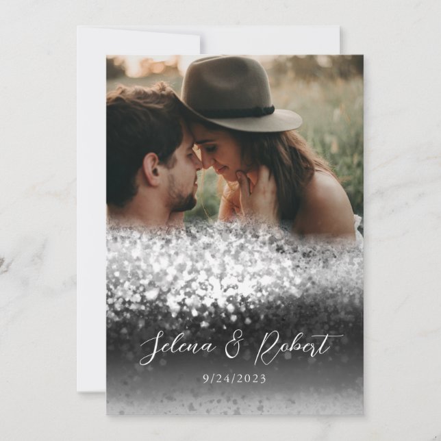 Chic Silver Glitter Abstract Overlay Photo Wedding Invitation (Front)