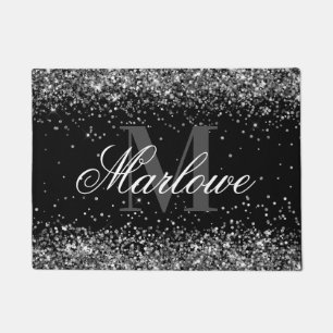 Chic Silver Glitter Black and White Monogram Doormat