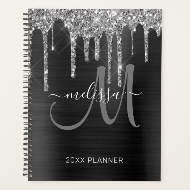 Chic Silver Glitter Black Brushed Metal 2024 Planner (Front)