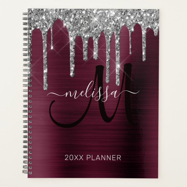 Chic Silver Glitter Burgundy Brushed Metal 2024 Planner (Front)