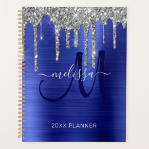 Chic Silver Glitter Cobalt Blue Brushed Metal 2024 Planner