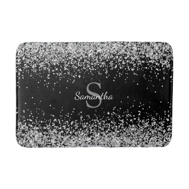 Chic Silver Glitter Confetti Monogram Black Bath Mat (Front)