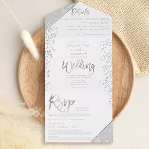 Chic silver glitter confetti white wedding all in one invitation