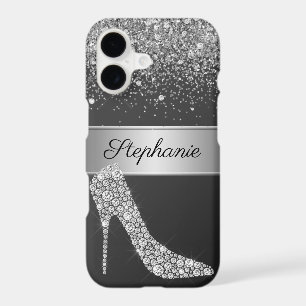 Chic Silver Glitter Diamond High Heel Shoe Name