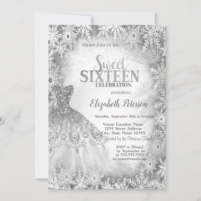 Chic Silver Glitter Dress Snowflakes Sweet 16  Invitation (Front)