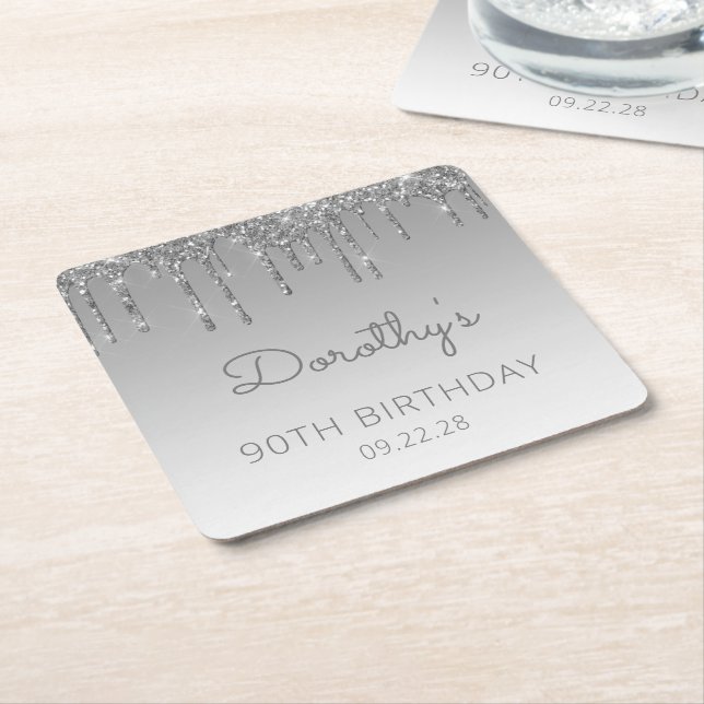 Chic Silver Glitter Drip 90th Birthday Party Square Paper Coaster (Angled)