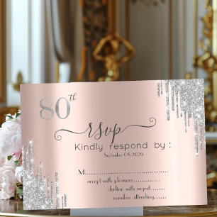 Chic Silver Glitter Drip Rose Gold 80th RSVP Invitation