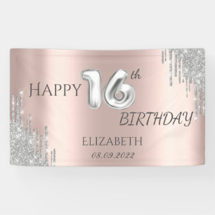 Chic Silver Glitter Drips 16th Birthday   Banner