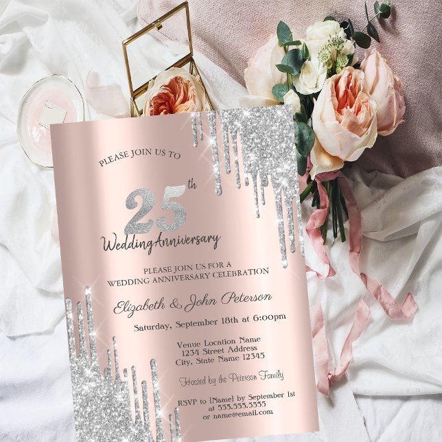 Chic Silver Glitter Drips 25th Wedding Anniversary Invitation (Creator Uploaded)
