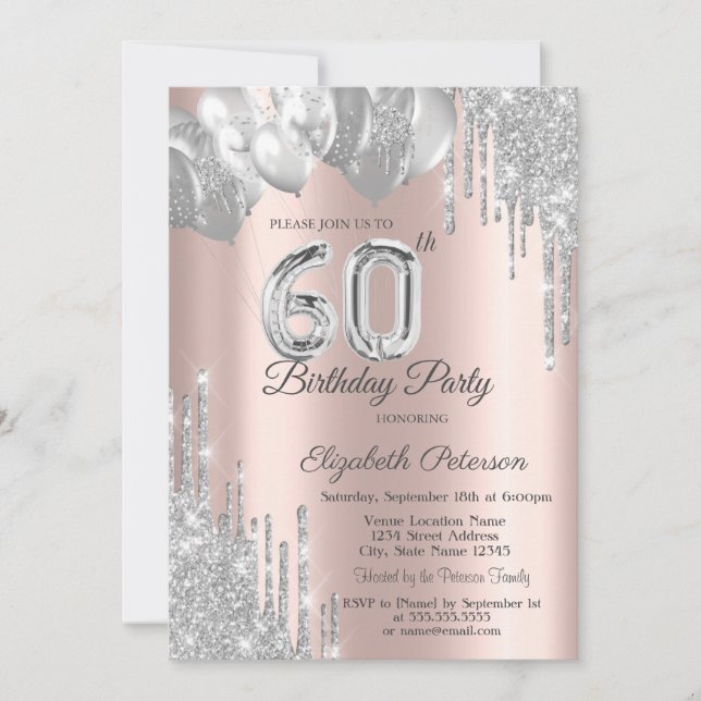 Chic Silver Glitter Drips Balloons 60th Birthday  Invitation (Front)