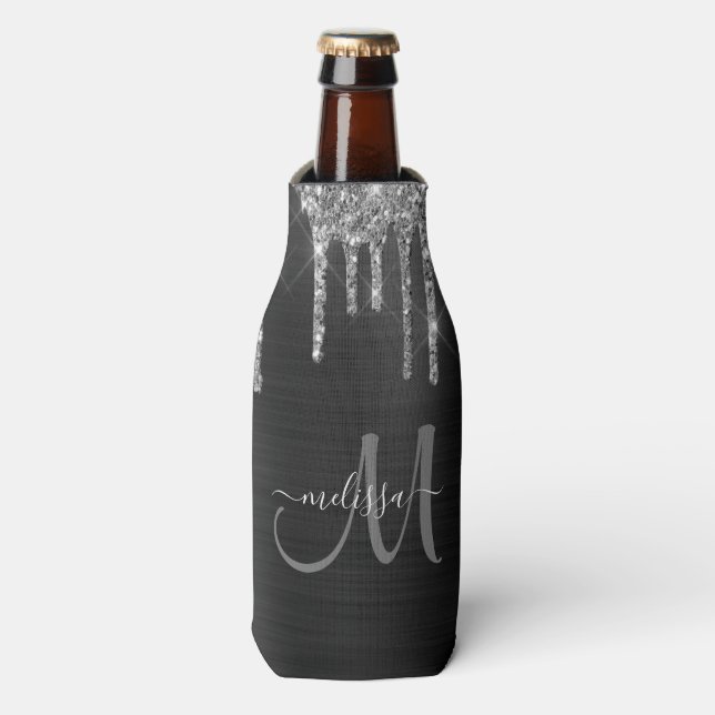 Chic Silver Glitter Drips Brushed Metallic Name Bottle Cooler (Bottle Front)