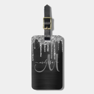 Chic Silver Glitter Drips Brushed Metallic Name Luggage Tag