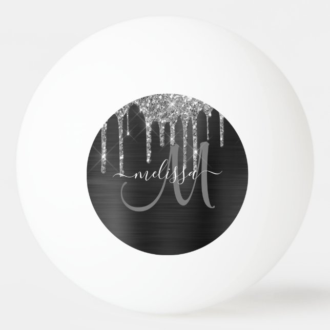 Chic Silver Glitter Drips Brushed Metallic Name Ping Pong Ball (Front)