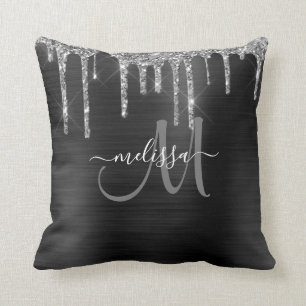 Chic Silver Glitter Drips Brushed Metallic Name Throw Pillow