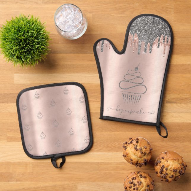 Chic Silver Glitter Drips Cupcake Rose Gold Oven Mitt & Pot Holder Set (Top Down)