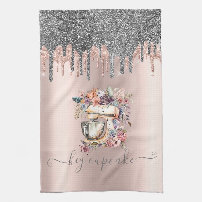 Chic Silver Glitter Drips Floral Mixer Rose Gold  Kitchen Towel (Vertical)