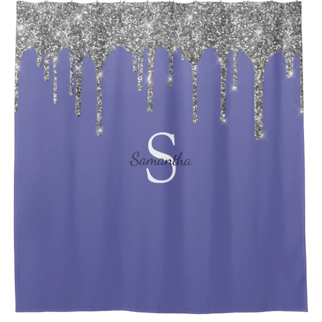 Chic Silver Glitter Drips Monogram Name Periwinkle (Front)