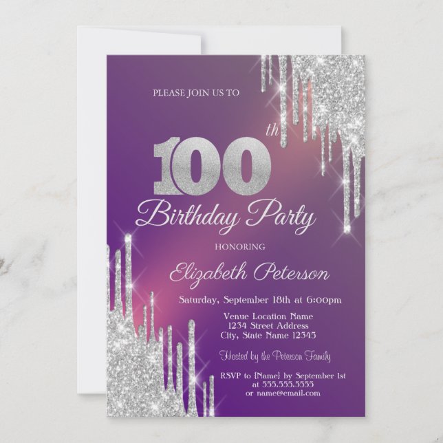 Chic Silver Glitter Drips Purple 100th Birthday   Invitation (Front)