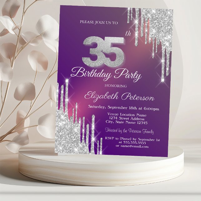 Chic Silver Glitter Drips Purple 35th Birthday   Invitation (Creator Uploaded)