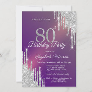 Chic Silver Glitter Drips Purple 80th Birthday Invitation