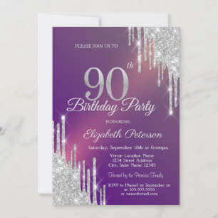Chic Silver Glitter Drips Purple 90th Birthday   Invitation