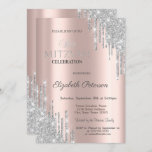 Chic Silver Glitter Drips Rose Gold Bat Mitzvah Invitation<br><div class="desc">A modern,  chic and glamourous invitation with silver glitter drips on a rose gold background.</div>