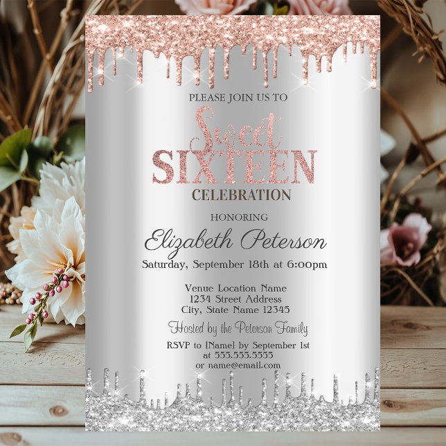 Chic Silver Glitter Drips Rose Gold  Sweet 16 Invitation (Creator Uploaded)