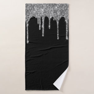 Chic Silver Glitter Drips Sparkle Black Bath Towel Set