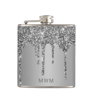 Chic Silver Glitter Drips Sparkle Monogram 6 oz Hip Flask