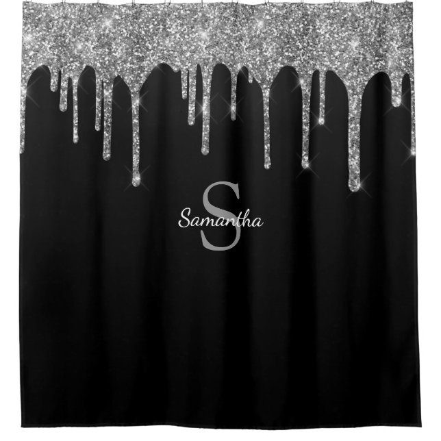 Chic Silver Glitter Drips Sparkle Monogram Name (Front)