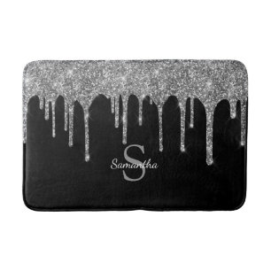 Chic Silver Glitter Drips Sparkle Monogram Name Bath Mat