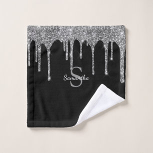 Chic Silver Glitter Drips Sparkle Monogram Name Bath Towel Set