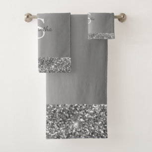 Chic Silver Glitter Drips Sparkle Monogram Name Bath Towel Set