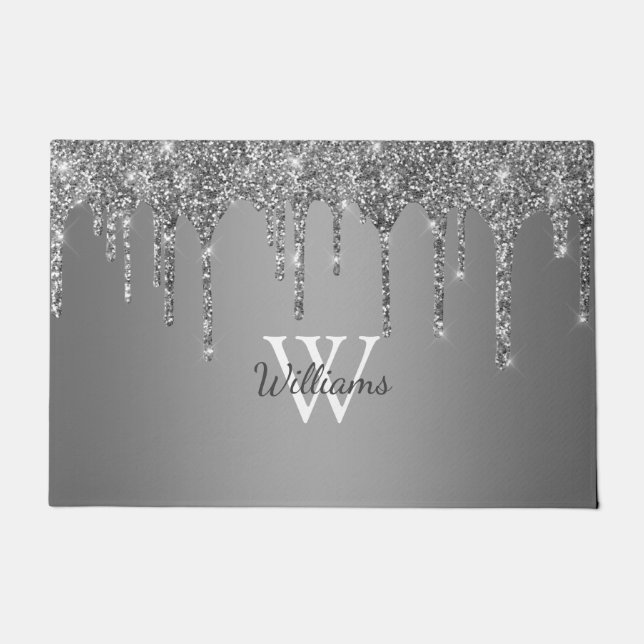 Chic Silver Glitter Drips Sparkle Monogram Name Doormat (Front)