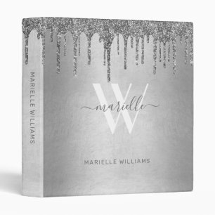 Chic Silver Glitter Drips Sparkles Monogram Name Binder