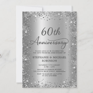 Chic Silver Glitter Metal 60th Wedding Anniversary Invitation