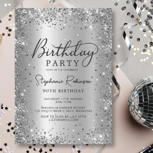 Chic Silver Glitter Metal Foil 90th Birthday  Invitation