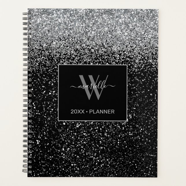 Chic Silver Glitter Monogram Name 2022 Planner (Front)