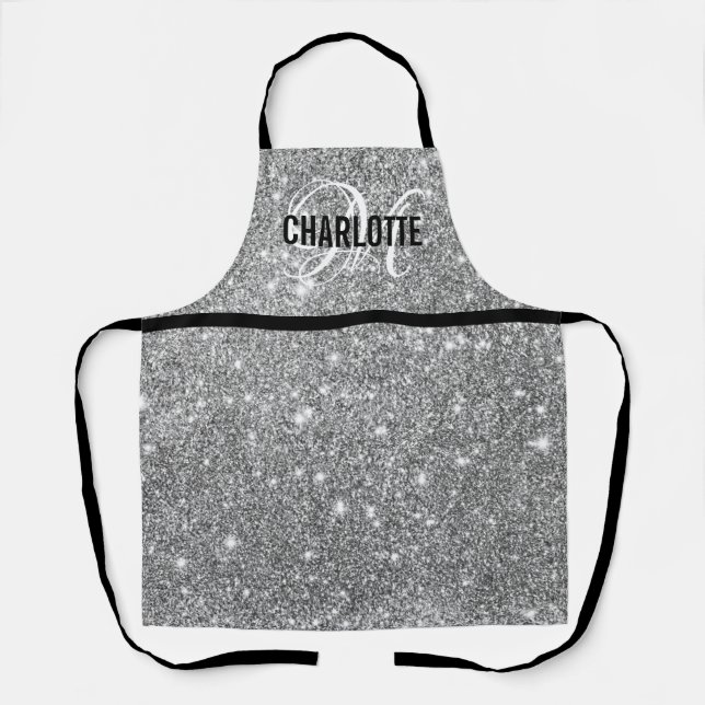 Chic silver glitter monogram name apron (Front)