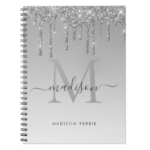 Chic  silver  glitter  Monogram spiral Notebook