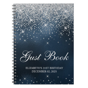 Chic Silver Glitter Navy Blue 21st Bday Guestbook Notebook