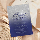 Chic silver glitter navy blue elegant Sweet 16 Invitation<br><div class="desc">A modern,  pretty chic and elegant faux silver glitter shower ombre with navy blue colour block Sweet 16 birthday party invitation with and elegant silver frame Perfect for a princess Sweet sixteen.</div>