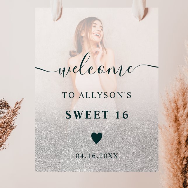 Chic silver glitter ombre photo Sweet 16 welcome Poster (Creator Uploaded)