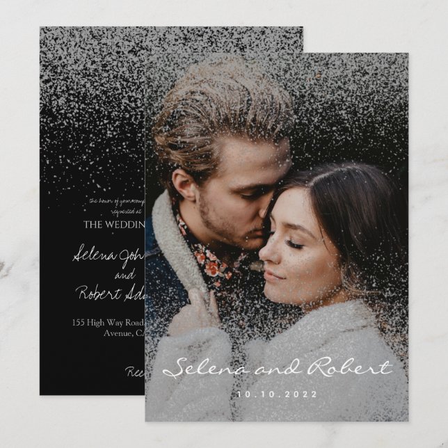 Chic Silver Glitter Overlay Photo Wedding Invitation (Front/Back)