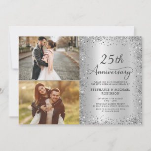 Chic Silver Glitter Photo 25th Wedding Anniversary Invitation