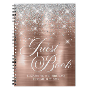 Chic Silver Glitter Rose Gold 21st Bday Guestbook Notebook