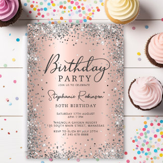 Chic Silver Glitter Rose Gold Metal 50th Birthday  Invitation