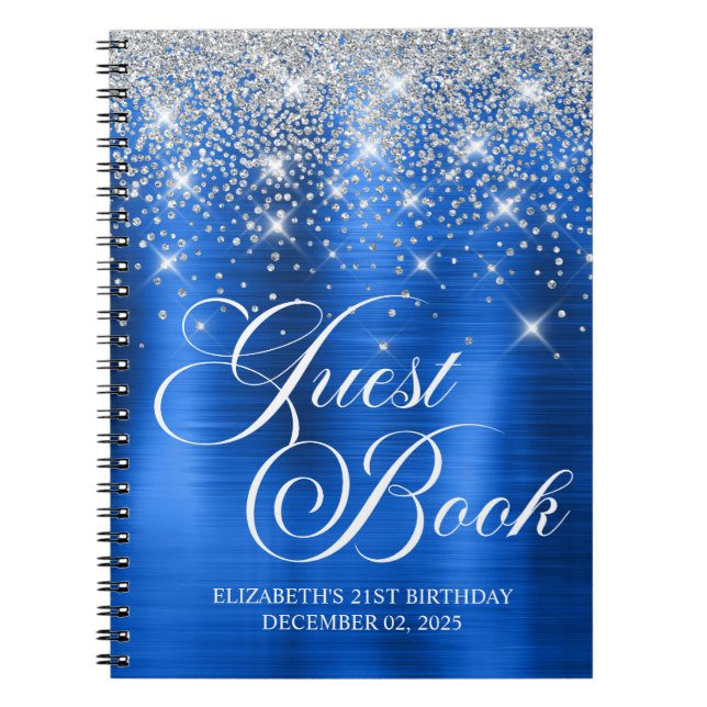 Chic Silver Glitter Royal Blue 21st Bday Guestbook Notebook (Front)