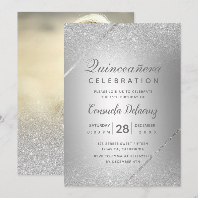 Chic silver glitter script metallic Quinceanera Invitation (Front/Back)