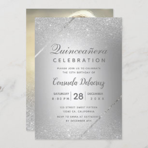 Chic silver glitter script metallic Quinceanera Invitation